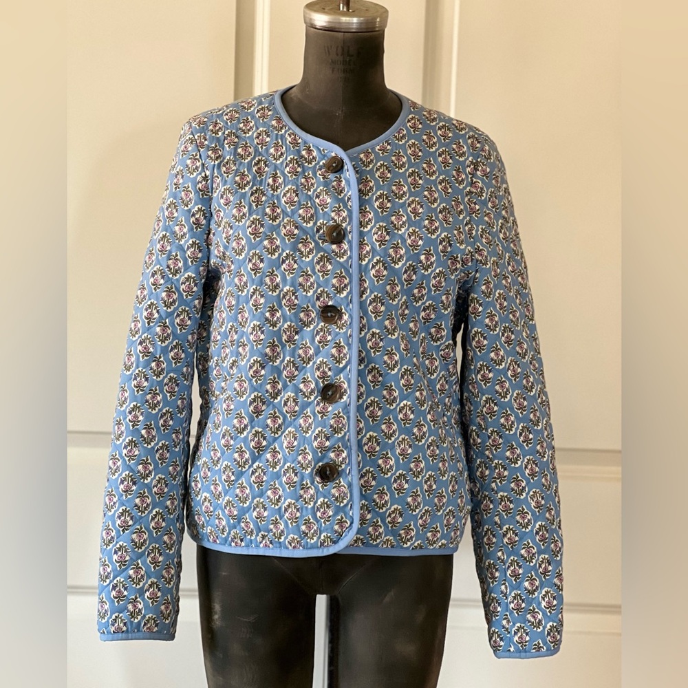 J.Crew Factory Blue Floral Block Print Quilted Jacket Size 10
